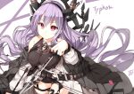  1girl arknights arrow_(projectile) bare_shoulders bike_shorts bow_(weapon) breasts character_name collar covered_collarbone cowboy_shot drawing_bow fake_horns hasumi_takashi highres holding holding_bow_(weapon) holding_weapon horns long_hair long_sleeves looking_at_viewer off_shoulder purple_eyes red_eyes signature solo thigh_strap typhon_(arknights) weapon white_background 