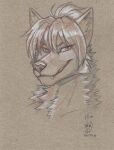 absurd_res anthro canid canine colored_pencil_(artwork) fangs female graphite_(artwork) grin hair hair_bun headshot_portrait hi_res isa_wexler mammal monochrome mythological_canine mythological_creature mythology pencil_(artwork) portrait signature smile smug_face solo teeth traditional_media_(artwork) were werecanid werecanine werewolf yuenoctis