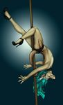  blue_hair cool_colors dancing ear_piercing earring eyes_closed facial_piercing hair high_heels male mammal marsupial panties piercing pole pole_dancing scarlett_the_red solo stripper_pole thylacine topless underwear upside_down 