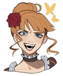  beatrice_(umineko) blue_eyes blunt_bangs bug butterfly choker close-up fangs flower frilled_choker frills hair_bun hair_flower hair_ornament highres looking_ahead looking_at_viewer magic open_mouth orange_hair porqueloin portrait red_flower simple_background teeth umineko_no_naku_koro_ni white_background yellow_butterfly 