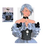  1girl ace_attorney alternate_costume bare_shoulders black_choker blue_dress blue_eyes blue_hair choker closed_mouth collarbone commentary dbandbanart dress earrings english_commentary franziska_von_karma highres jewelry mole mole_under_eye photo_inset reference_inset short_hair simple_background solo upper_body white_background 