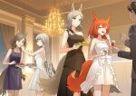  4girls :d ^_^ animal_ear_fluff animal_ears arknights ashlock_(arknights) black_dress breasts brown_hair chandelier character_request check_character cleavage closed_eyes collarbone commentary_request cup curtains dress drinking_glass fartooth_(arknights) flametail_(arknights) grey_eyes grey_hair hair_between_eyes highres holding holding_cup horns indoors liang_chan_xing_make_tu multiple_girls orange_hair purple_dress red_eyes single_strap small_breasts smile standing strapless strapless_dress swept_bangs tail white_dress wild_mane_(arknights) window wine_glass 