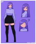  1girl ? absurdres artist_logo black_footwear black_skirt boots character_name commentary crim_(crim7x) english_commentary eyeliner from_side full_body highres long_hair long_sleeves looking_at_viewer makeup multiple_views original pencil_skirt purple_background purple_eyes purple_hair purple_sweater purple_theme simple_background skirt standing sweater thigh_boots upper_body 