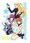  angel_beats! bow clannad company_connection crossover dango_daikazoku furukawa_nagisa gun handgun hikarizaka_private_high_school_uniform key_(company) kirishita_yuuji little_busters! multiple_girls pink_bow pistol rifle sakurai_harumi school_uniform seiyuu_connection shinda_sekai_sensen_uniform thighhighs tokido_saya weapon yuri_(angel_beats!) 