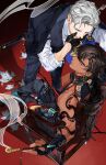  1boy 2boys absurdres arm_tattoo black_gloves chinese_clothes dark_skin earrings from_above gloves gyou_chin highres jewelry kabedon looking_at_another male_focus multiple_boys muscular original red_background sitting smoking_pipe suit tattoo thick_eyebrows yaoi 