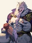  1boy absurdres animal_ears bara bare_pectorals beard clothes_lift facial_hair furry furry_male girthy_penis grey_fur highres huge_eyebrows huge_penis large_hands large_pectorals law_(sdorica) long_beard looking_at_viewer male_focus mature_male muscular muscular_male nipple_stimulation nipple_tweak nipples pectorals pelvic_curtain pelvic_curtain_lift penis sdorica seductive_smile smile solo sweat thick_eyebrows thick_thighs thighs tweaking_own_nipple uza_(hellme) wolf_boy wolf_ears 