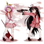  2girls ahoge axe badass black_eyes black_hair evil_grin evil_smile faceoff glasses grin gun hair_ribbon hand_in_pocket highres hiiragi_tsukasa izumi_konata jza80 kurokona long_hair lucky_star multiple_girls pink_hair purple_eyes ribbon school_uniform seifuku serafuku smile weapon yandere 