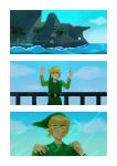  1boy belt black_belt black_eyes blonde_hair blue_sky closed_mouth cloud green_hat green_shirt green_tunic highres island link male_focus naruysae outdoors palm_tree pointy_ears rock shirt sky the_legend_of_zelda the_legend_of_zelda:_the_wind_waker tree wind_waker_(object) 