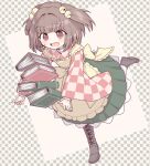  1girl apron bell book brown_footwear brown_hair character_name checkered_clothes checkered_kimono clumsy commentary_request frilled_apron frills full_body green_skirt hair_bell hair_ornament highres japanese_clothes kimono long_sleeves medium_hair motoori_kosuzu oninamako open_mouth red_eyes skirt solo sweatdrop touhou tripping two_side_up wide_sleeves yellow_apron 