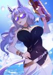  1girl animal_ears black_one-piece_swimsuit blue_sky blunt_bangs breasts cloud cloudy_sky gold_ship_(run_revolt_launcher)_(umamusume) gold_ship_(umamusume) grey_hair hand_on_own_hip highres holding holding_water_gun horse_ears horse_girl horse_tail jenshenya jewelry large_breasts long_hair necktie official_alternate_costume one-piece_swimsuit purple_eyes purple_hair sky solo sunglasses swimsuit tail tongue tongue_out umamusume water water_gun 