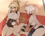  1boy 2girls abs ahoge blonde_hair blue_eyes blush breasts brown_hair fate/grand_order fate_(series) fujimaru_ritsuka_(male) glasses highres hyperbudd jeanne_d&#039;arc_(fate) jeanne_d&#039;arc_(swimsuit_archer)_(second_ascension)_(fate) jeanne_d&#039;arc_alter_(fate) jeanne_d&#039;arc_alter_(swimsuit_berserker)_(fate) lap_pillow large_breasts multiple_girls one-piece_swimsuit ponytail swimsuit towel white_hair 