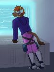 anthro boots bottomwear clothed clothing electronics felid feline footwear fully_clothed furgonomic_bottomwear furgonomics fuze headgear headphones headset hi_res hoodie leaning leaning_forward male mammal metal_boots pants pouch_(clothing) science_fiction scouter solo topwear