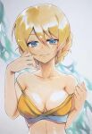  1girl absurdres bikini bikini_top_pull blonde_hair blue_eyes braid breasts closed_mouth commentary darjeeling_(girls_und_panzer) girls_und_panzer half-closed_eyes highres looking_at_viewer medium_breasts orange_bikini pulled_by_self sawamaru30 short_hair smile solo swimsuit twin_braids upper_body 