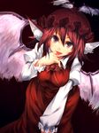  animal_ears breasts dress green_nails hat medium_breasts mystia_lorelei nail_polish open_mouth pink_hair purple_eyes red_hair short_hair simple_background smile solo touhou ukyo_rst wings 