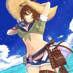  1girl agnes_tachyon_(lunatic_lab)_(umamusume) agnes_tachyon_(umamusume) ahoge animal_ears arm_up belt bikini black_belt black_bikini black_gloves blue_shorts blue_sky bracelet breasts brown_eyes brown_hair cleavage cloud commentary_request cowboy_shot criss-cross_halter ear_ornament flask from_below gloves green_jacket grin groin hair_between_eyes halterneck hand_on_own_hip hat highres horizon horse_ears horse_girl horse_tail huge_ahoge jacket jewelry looking_at_viewer micro_shorts midriff navel ocean official_alternate_costume official_alternate_hairstyle open_mouth outdoors pointing round-bottom_flask shaded_face short_ponytail shorts single_glove sketch sky smile solo strap_pull straw_hat sun_hat swimsuit tail taniko_shanokoya test_tube tied_jacket torn_clothes torn_shorts umamusume water 
