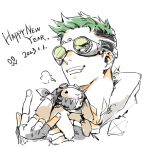  1boy \m/ animification apex_legends black_gloves broken_eyewear dated fingerless_gloves gloves goggles green_eyes green_hair happy_new_year looking_up male_focus mask mouth_mask octane_(apex_legends) portrait rabbit sentinel_ga_koku_ni_aru smile solo white_background 