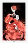  2others black_gloves black_necktie border carrying carrying_person closed_mouth collared_shirt cracked_skin gloves highres houseki_no_kuni jacket long_hair multiple_others naruysae necktie padparadscha_(houseki_no_kuni) red_hair rutile_(houseki_no_kuni) shirt short_hair signature undercut very_long_hair white_border white_jacket 