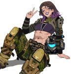  abs absurdres borrowed_character brown_hair camouflage camouflage_pants eyeshadow facial_mark forehead_mark gradient_hair grin hand_on_ground hand_up helmet highres leaning_back looking_at_viewer makeup multicolored_hair muscular muscular_female navel_piercing original pants piercing pilot_(titanfall_2) porqueloin purple_eyeshadow purple_hair purple_lips purple_sports_bra simple_background sitting smile sports_bra straight_hair titanfall_(series) titanfall_2 unworn_headwear unworn_helmet v white_background 