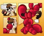 4_panel_comic 5_fingers after_transformation ambiguous_gender animate_inanimate anthro balloon balloon_animal balloon_tail balloon_transformation black-footed_ferret black_body black_fur black_nose bluelemonshibe brown_body brown_fur brown_hair color_change domestic_ferret fingers fur hair inflatable living_inflatable mammal mid_transformation mustelid musteline ombre_background orange_background pawpads red_body simple_background sitting solo solo_focus speech_bubble tan_body tan_fur text transformation transformation_sequence true_musteline weasel