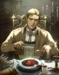  1boy absurdres ascot blonde_hair blood blue_eyes bread cropped_jacket dining_room eating erwin_smith food heart_(organ) highres looking_at_viewer male_focus paradis_military_uniform shingeki_no_kyojin shirt short_hair solo symbolism thick_eyebrows thisuserisalive 