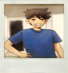  1boy antenna_hair arm_at_side black_eyes blue_shirt blurry brown_hair door grin hair_behind_ear hair_between_eyes hand_on_own_hip hero_(faraway)_(omori) hero_(omori) indoors looking_at_viewer omocat_(style) omori parody sapgoon shirt short_hair short_sleeves smile solo style_parody tan tile_floor tiles upper_body 