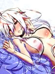  bikini blush breasts choker cleavage covered_nipples highres jin_(mugenjin) large_breasts lips long_hair lying nipples no_nose on_back open_mouth red_eyes solo swimsuit teeth vocaloid voyakiloid water white_hair yowane_haku 