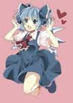  ahoge alternate_hairstyle ascot bad_id bad_pixiv_id blue_dress blue_eyes blue_hair blush bow cirno dress fang hair_bow hand_in_hair heart highres jumping mitsu_yomogi open_mouth short_hair simple_background smile solo touhou twintails wings 
