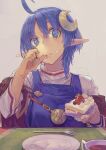  1girl blue_eyes blue_hair cake cape closed_mouth crescent crescent_hair_ornament cup eating food food_on_face fork hair_ornament highres holding holding_food looking_at_viewer nail_polish plate pointy_ears red_cape rena_lanford short_hair solo star_ocean star_ocean_the_second_story table toro_(konirio) 