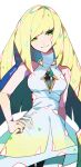  1girl bare_shoulders blonde_hair blunt_bangs chest_jewel closed_mouth cowboy_shot diamond_(shape) dress gem green_eyes green_gemstone hand_on_own_hip highres kawasaki_(kwsk_8765) long_hair looking_at_viewer lusamine_(pokemon) pokemon pokemon_sm refraction sleeveless sleeveless_dress solo standing twitter_username very_long_hair white_dress 