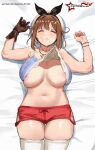  1girl absurdres areola_slip atelier_(series) atelier_ryza atelier_ryza_1 awesomeerix blush breasts brown_eyes brown_hair english_commentary hair_ornament hairclip hat highres jewelry large_breasts looking_at_viewer lying navel necklace nipple_slip nipples no_bra on_back open_mouth plump red_shorts reisalin_stout short_hair short_shorts shorts sleeping solo thick_thighs thighhighs thighs underboob 