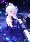  1girl absurdres black_horns blue_archive blush breasts demon_horns demon_wings dress elbow_gloves gloves halo highres hina_(blue_archive) hina_(dress)_(blue_archive) horns instrument kesa_pasa long_hair looking_at_viewer multiple_horns open_mouth piano piano_keys purple_dress purple_eyes purple_wings sheet_music small_breasts smile solo strapless strapless_dress white_hair wings 