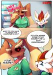 absurd_res anthro big_breasts bodily_fluids breasts brown_body cinderace duo english_text female fur generation_4_pokemon generation_8_pokemon hi_res larger_female lopunny nintendo one_eye_closed pokemon pokemon_(species) pupils sirkerner size_difference sweat text white_body