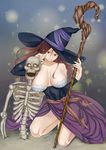  bare_shoulders breasts cleavage dragon's_crown harmaline hat highres huge_breasts kneeling long_hair skeleton solo sorceress_(dragon's_crown) staff witch_hat 