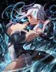  1girl absurdres aqua_gemstone armor bare_shoulders black_collar black_horns breasts closed_mouth collar colored_inner_hair covered_navel detached_collar epic_seven gauntlets grey_hair highres holding holding_weapon horns knightfang large_breasts leotard long_hair luna_(epic_seven) multicolored_hair orange_eyes pointy_ears solo strapless strapless_leotard tail weapon white_leotard 