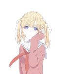  1girl blonde_hair blue_eyes blunt_bangs closed_mouth crying hand_up highres long_sleeves looking_at_viewer natuich neckerchief original pale_skin red_neckerchief sailor_collar school_uniform serafuku simple_background sleeves_past_wrists solo sweater tears twintails upper_body white_background white_sailor_collar 