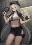  1girl absurdres alternate_costume azur_lane book braid c.h.a capelet chest_belt collared_shirt detective french_braid grey_hair hair_ornament highres holding holding_book holding_magnifying_glass long_hair magnifying_glass navel official_alternate_costume pencil_skirt pouch semi-rimless_eyewear shangri-la_(azur_lane) shangri-la_(utopia&#039;s_collector)_(azur_lane) shirt side_slit skirt snowflake_hair_ornament snowflake_pin striped_clothes striped_shirt thigh_pouch vertical-striped_clothes vertical-striped_shirt 