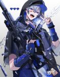  1boy absurdres black_hair black_nails blood blood_on_clothes blood_on_face blue_arm_warmers blue_eyes blue_hair bullet grey_hair gun hat_under_hood heart highres holding holding_gun holding_weapon hood hood_up hooded_jacket jacket jewelry kushiro_kuki looking_at_viewer multicolored_hair multiple_rings open_mouth original pixel_heart ring short_hair solo teeth two-tone_hair upper_body v weapon white_background 