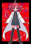  abstract_background absurdres arms_at_sides black_border black_footwear black_shirt black_skirt boots border chromatic_aberration coat collared_shirt distortion drill_hair full_body furrowed_brow grin half-closed_eyes headphones highres igaku_(utau) kasane_teto long_sleeves looking_at_viewer multicolored_background open_clothes open_coat outline outside_border pleated_skirt red_background red_eyes red_hair red_nails shirt short_hair skirt smile standing straight-on tadano_tajima thigh_boots twin_drills utau white_outline zettai_ryouiki 