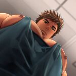  1boy alex_(stardew_valley) arima_(arima_bn) bara blank_stare brown_hair dark-skinned_male dark_skin foreshortening from_below green_eyes green_tank_top highres large_pectorals looking_at_viewer looking_down male_focus meme muscular muscular_male nipple_slip nipples pectoral_cleavage pectoral_focus pectorals photo-referenced protected_link short_hair sidepec solo stardew_valley sweat tank_top thick_eyebrows upper_body yur_oc_like_this_(meme) 