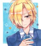  1boy blonde_hair blue_background blue_eyes blue_ribbon blue_suit bluestar_iz blush collared_shirt hair_intakes hair_over_one_eye hand_on_own_chest looking_at_viewer male_focus noel_levine official_art painting_(medium) ribbon shirt short_hair smile solo star_(symbol) suit traditional_media watercolor_(medium) white_background white_shirt witch&#039;s_heart 