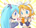  aqua_hair bad_id bad_pixiv_id bare_shoulders blonde_hair blue_eyes blush detached_sleeves food fruit hair_ornament hair_ribbon hairclip hatsune_miku headset holding holding_food holding_fruit kagamine_rin long_hair midriff multiple_girls navel orange ribbon sakurabe_notosu sexually_suggestive short_hair spring_onion twintails vocaloid 