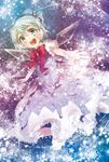  :d blush bow bowtie cirno dress fairy fairy_wings ice ice_wings looking_at_viewer open_mouth puffy_short_sleeves puffy_sleeves red_bow red_neckwear short_sleeves silver_dress silver_eyes silver_hair smile solo tottsuan touhou wings 