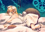  aqua_eyes barefoot blonde_hair hair_ornament hair_ribbon hairclip kagamine_rin leuco lying on_stomach pillow pillow_hug ribbon short_hair solo vocaloid 