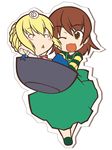  akane_yuki artoria_pendragon_(all) blonde_hair brown_eyes brown_hair carrying chibi fate/stay_night fate_(series) food fujimura_taiga kamaboko multiple_girls narutomaki o_o one_eye_closed saber triangle_mouth 