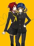  1girl androgynous bad_id bad_pixiv_id black_ribbon blue_ribbon brown_eyes brown_hair cosplay crossdressing hand_on_hip hat hat_ribbon kotone_(pokemon) kujikawa_rise kujikawa_rise_(cosplay) obo otoko_no_ko persona persona_4 pokemon pokemon_(game) pokemon_hgss red_eyes red_hair ribbon school_uniform shirogane_naoto shirogane_naoto_(cosplay) silver_(pokemon) striped striped_ribbon thighhighs torso_grab zettai_ryouiki 