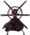  bloom canary4 crossed_arms hair_ornament hair_over_one_eye onbashira pillar purple_hair red_eyes rope sandals shimenawa simple_background solo standing tabi touhou white_background yasaka_kanako 