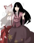  annoyed black_hair blush bow closed_eyes dress fujiwara_no_mokou hair_bow hair_ribbon hands happy highres houraisan_kaguya leaf long_hair multiple_girls open_mouth ribbon shikabane_(abysses) simple_background suspenders sweatdrop touhou wide_sleeves 