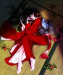  black_hair bow camellia fang flower japanese_clothes kimono lipstick long_hair lying makeup nail_polish on_side orange_eyes original red_nails socks solo tabi takano_takao tatami vampire 