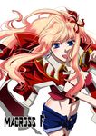  blonde_hair blue_eyes breasts cleavage earrings hanon_(nonty) jewelry long_hair macross macross_frontier macross_frontier:_itsuwari_no_utahime medium_breasts midriff sheryl_nome shorts single_earring solo 