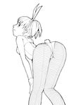  akinbo_(hyouka_fuyou) animal_ears arm_support ass bare_shoulders bent_over bunny_ears bunny_tail bunnysuit choker fishnet_pantyhose fishnets greyscale lips looking_back monochrome original pantyhose short_hair solo tail 
